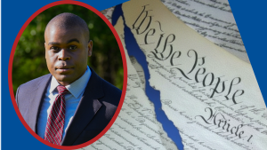Osita Nwanevu with a partially damaged image of the constitution in the background