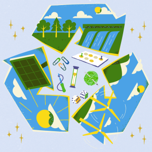 A large recycle symbol has different natural resources and clean energy projects drawn on the arrows. Inside the recycle sign are different kinds of board game pieces, cards, and crafting supplies.