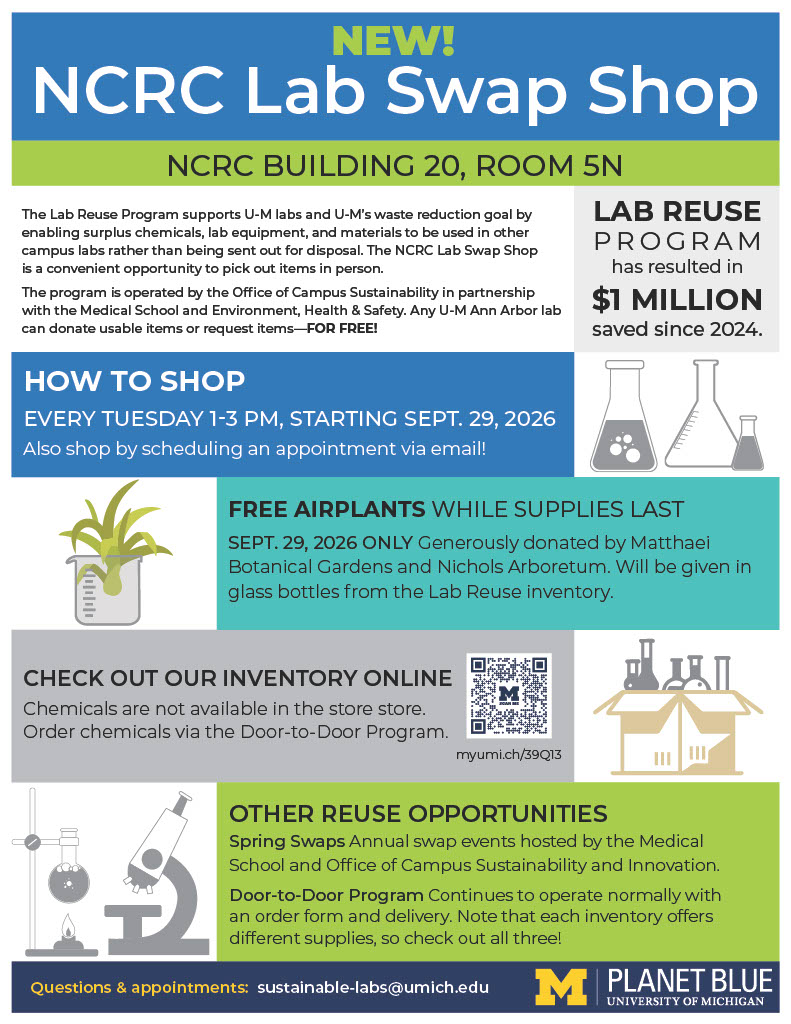 Flyer for U-M’s NCRC Lab Swap Shop, offering free surplus lab supplies and equipment. Open Tuesdays 1–3 p.m. starting Sept. 29, 2026.
