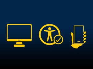 Icons for a computer monitor, accessibility ally, and a hand holding a cell phone 