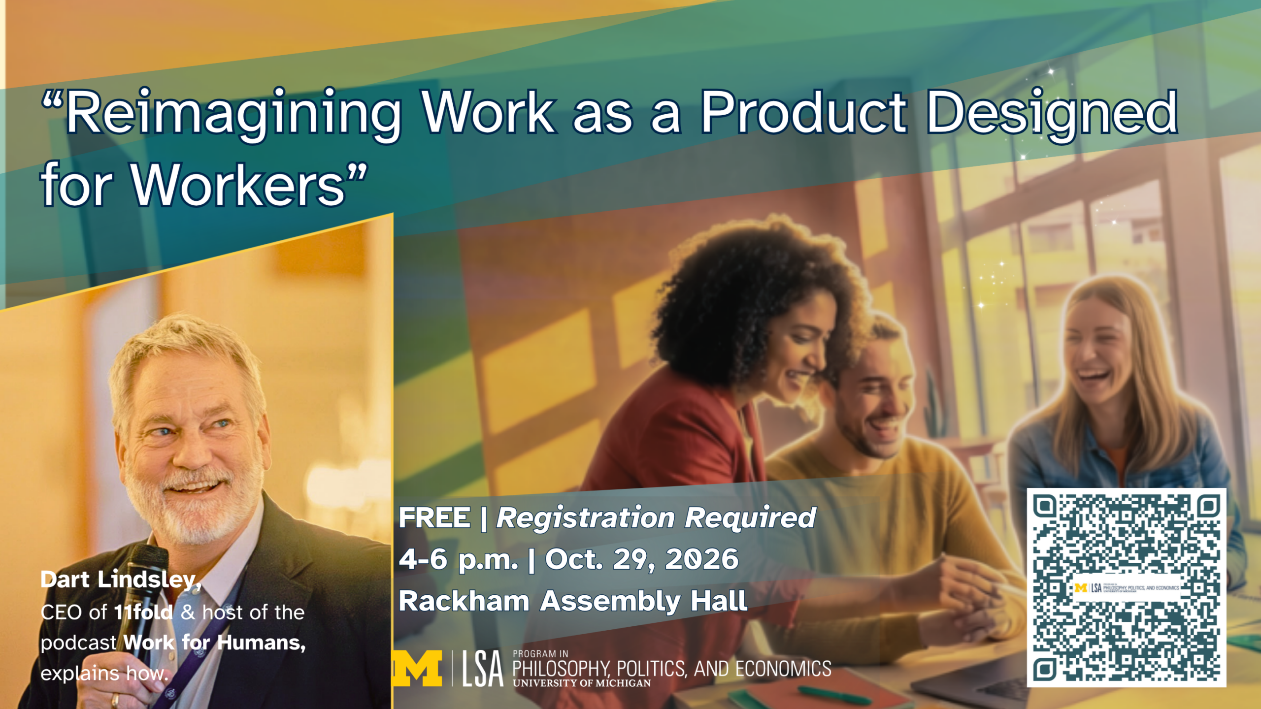 Dart Lindsley marketing flyer shows people in office environments: "What if we imagined work as a product designed for workers?"