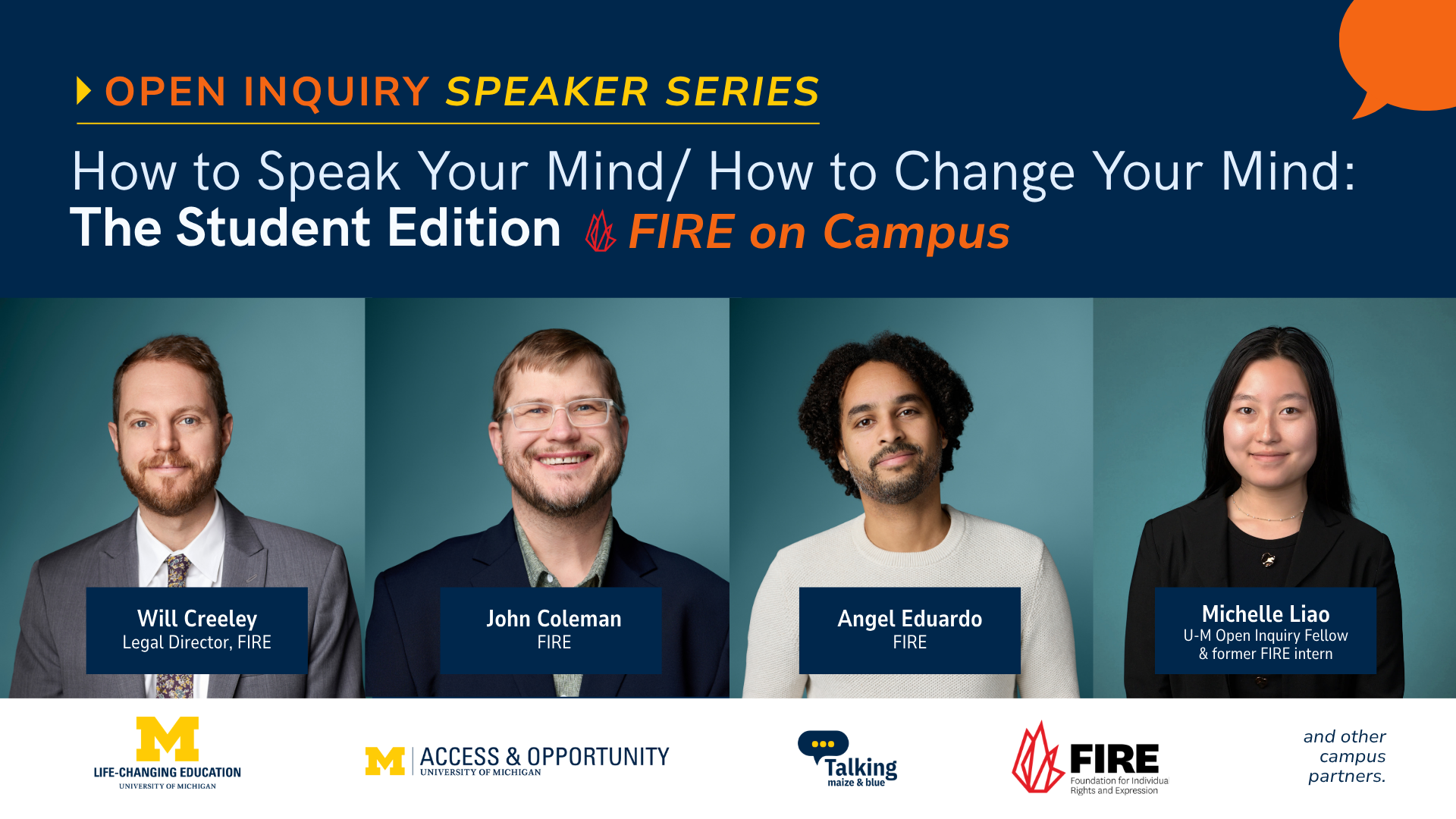 Promotional graphic for the How to Speak Your Mind/How to Change Your Mind Speaker Series event ft. FIRE