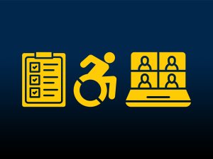 A clipboard with a checklist, a wheelchair icon, and a laptop screen