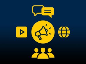 Icons of a megaphone, play button, chat, a globe, and 3 people
