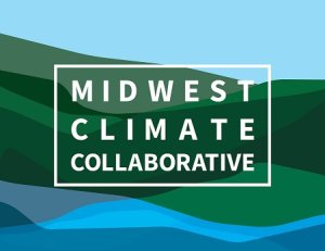 Rectangle with blue sky, waves of greens for grass, waves of blue for water and the words Midwest Climate Collaborative inside a rectangle outline, both white