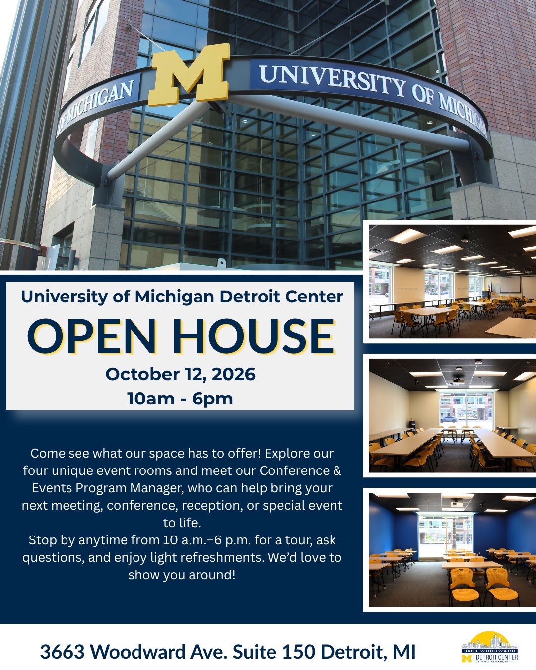 University of Michigan Detroit Center Open house event flyer. On Mon, Oct 12, 2026 10:00 AM to 6:00 PM.