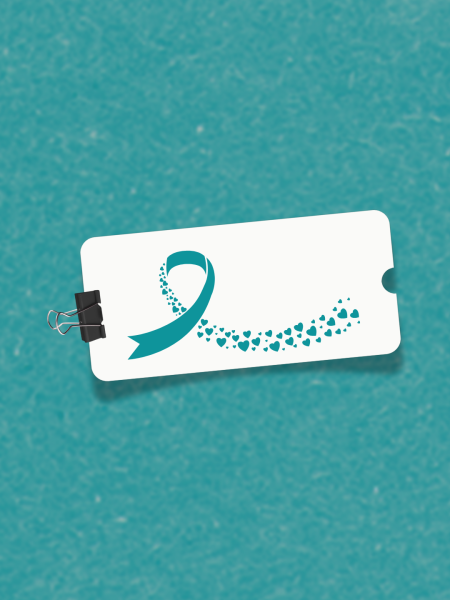 A teal sexual assault survivor ribbon on a white ticket to an event.