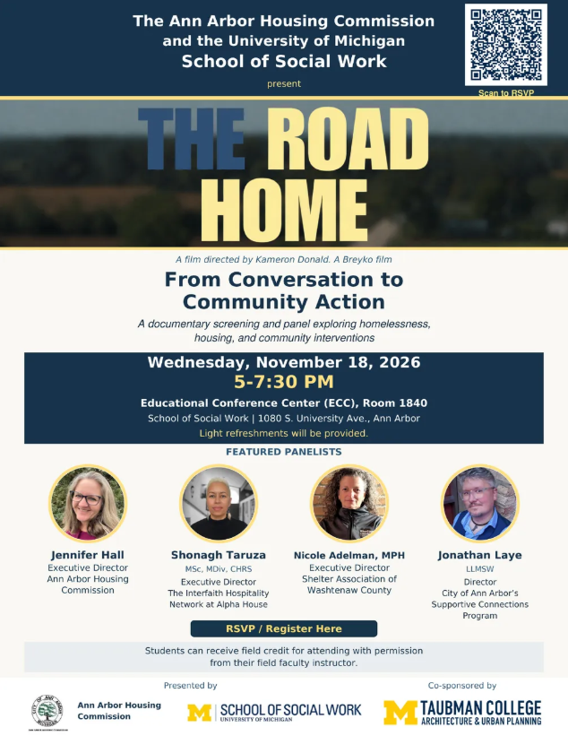 Flyer for The Road Home documentary screening. Featuring panelists: Jennifer Hall, Shonagh Taruza, Nicole Adelman, Jonathan Laye